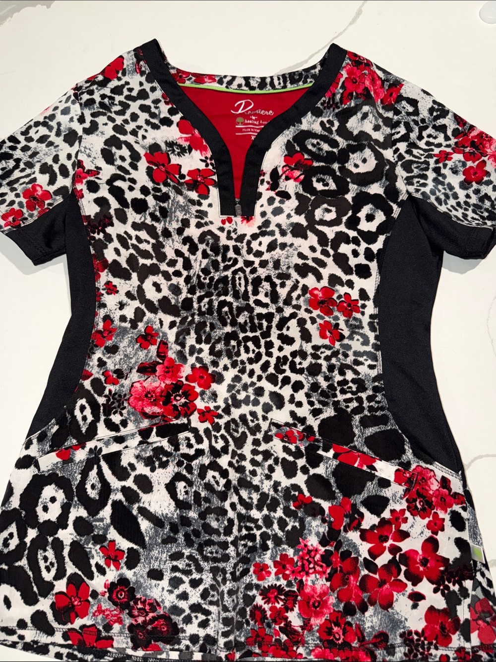 healing hands Black White and Red Leopard Floral Print Scrub Top